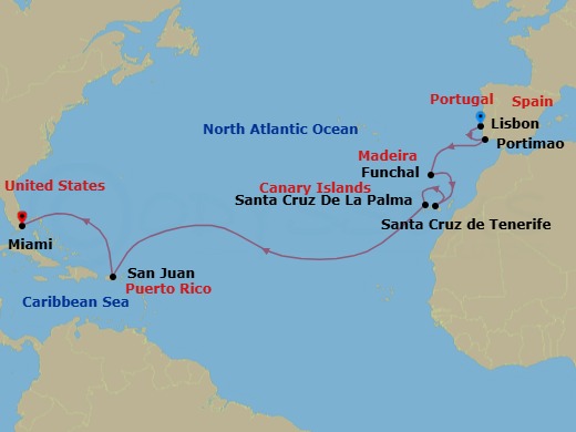 15 Night - Canary Islesautumn Passage - Oceania Sonata - Starting in Lisbon, Portimao, Funchal (Madeira), Santa Cruz de Tenerife, Santa Cruz de La Palma, San Juan, Miami itinerary map