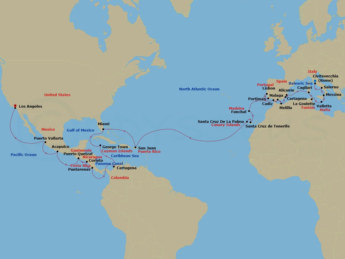 45 Night - Grand Latin & Iberian Quest - Oceania Sonata - Starting in Rome (Civitavecchia), Salerno, Messina (Sicily), Valletta, Tunis (La Goulette), Cagliari (Sardinia), Alicante, Cartagena ES, Melilla, Malaga, Seville (Cadiz), Lisbon, Portimao, Funchal (Madeira), Santa Cruz de Tenerife, Santa Cruz de La Palma, San Juan, Miami, George Town, Cartagena CO, Panama Canal Daylight Transit, Puntarenas, Corinto, Puerto Quetzal, Acapulco, Puerto Vallarta, Los Angeles itinerary map
