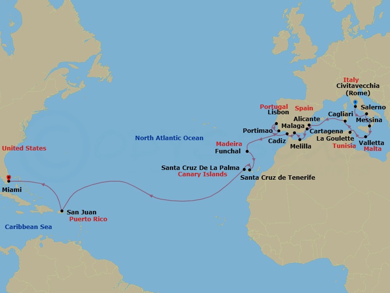 28 Night - Iberian & Tropical Discovery - Oceania Sonata - Starting in Rome (Civitavecchia), Salerno, Messina (Sicily), Valletta, Tunis (La Goulette), Cagliari (Sardinia), Alicante, Cartagena ES, Melilla, Malaga, Seville (Cadiz), Lisbon, Portimao, Funchal (Madeira), Santa Cruz de Tenerife, Santa Cruz de La Palma, San Juan, Miami itinerary map