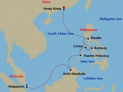 11 Night - South China Sea Gems - Oceania Riviera - Starting in Singapore, Kota Kinabalu (Borneo), Puerto Princesa, Coron, Boracay Island, Manila, Hong Kong itinerary map