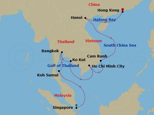 12 Night - Eastern Essence - Oceania Riviera - Starting in Singapore, Ko Samui, Bangkok, Ko Kood, Ho Chi Minh City (Phu My), Cam Ranh, Hanoi (Ha Long Bay), Hong Kong itinerary map