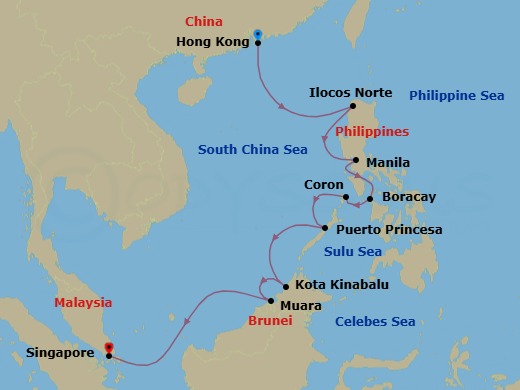 12 Night - Borneo & the Sulu Sea - Oceania Riviera - Starting in Hong Kong, Ilocos (Salomague), Manila, Boracay Island, Coron, Puerto Princesa, Kota Kinabalu (Borneo), Muara, Singapore itinerary map