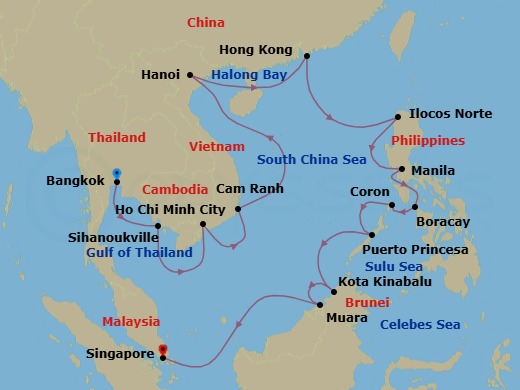 24 Night - Empires of Indochina - Oceania Riviera - Starting in Bangkok, Sihanoukville, Ho Chi Minh City (Phu My), Cam Ranh, Hanoi (Ha Long Bay), Hong Kong, Ilocos (Salomague), Manila, Boracay Island, Coron, Puerto Princesa, Kota Kinabalu (Borneo), Muara, Singapore itinerary map