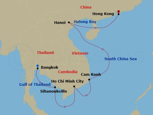 12 Night - Vietnam & Cambodia Icons - Oceania Riviera - Starting in Bangkok, Sihanoukville, Ho Chi Minh City (Phu My), Cam Ranh, Hanoi (Ha Long Bay), Hong Kong itinerary map