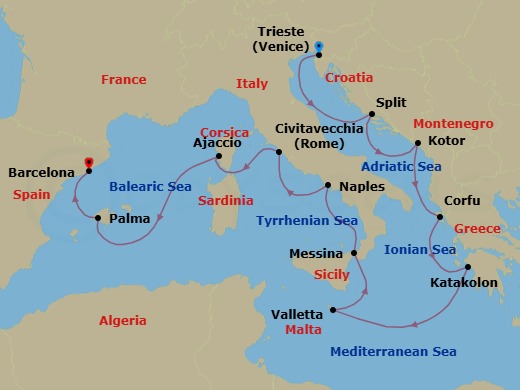 14 Night - Mediterranean Montage - Oceania Allura - Starting in Trieste, Split, Kotor, Corfu, Katakolon, Valletta, Messina (Sicily), Naples / Pompeii, Rome (Civitavecchia), Ajaccio (Corsica), Palma De Mallorca, Barcelona itinerary map