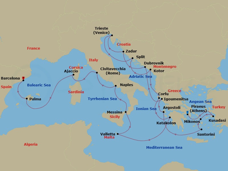 23 Night - Greek Gems & Riviera Romance - Oceania Allura - Starting in Athens (Piraeus), Ephesus (Kusadasi), Mykonos, Santorini, Argostoli (Cephalonia), Igoumenitsa, Dubrovnik, Croatia, Zadar, Trieste, Split, Kotor, Corfu, Katakolon, Valletta, Messina (Sicily), Naples / Pompeii, Rome (Civitavecchia), Ajaccio (Corsica), Palma De Mallorca, Barcelona itinerary map