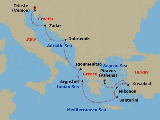 9 Night - Greek Isles & Adriatic Coves - Oceania Allura - Starting in Athens (Piraeus), Ephesus (Kusadasi), Mykonos, Santorini, Argostoli (Cephalonia), Igoumenitsa, Dubrovnik, Croatia, Zadar, Trieste itinerary map