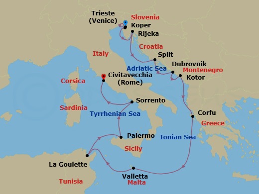 12 Night - Glories of the Adriatic - Oceania Allura - Starting in Trieste, Koper, Rijeka, Split, Dubrovnik, Croatia, Kotor, Corfu, Valletta, Tunis (La Goulette), Palermo (Sicily), Sorrento / Capri, Rome (Civitavecchia) itinerary map