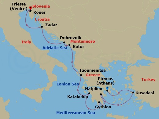 10 Night - Hellenic to Venetian Shores - Oceania Allura - Starting in Athens (Piraeus), Ephesus (Kusadasi), Nafplion, Gythion, Katakolon, Igoumenitsa, Kotor, Dubrovnik, Croatia, Zadar, Koper, Trieste itinerary map