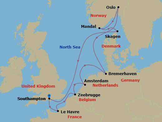 11 Night - Icons of the North Sea - Oceania Sonata - Starting in London (Southampton), Paris (Le Havre), Bruges (Zeebrugge), Amsterdam, Hamburg (Bremerhaven), Oslo, Mandal, Skagen, London (Southampton) itinerary map