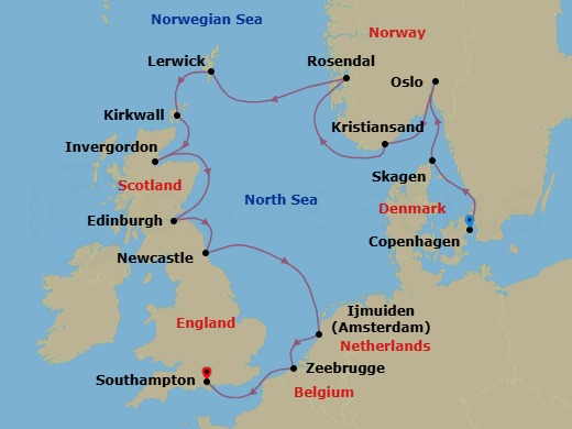 12 Night - Nordic Coast & British Isles - Oceania Sonata - Starting in Copenhagen, Skagen, Oslo, Kristiansand, Rosendal, Lerwick (Shetland Islands), Kirkwall (Orkney Islands), Invergordon, United Kingdom, Edinburgh (Newhaven), Newcastle UK, Ijmuiden, Bruges (Zeebrugge), London (Southampton) itinerary map