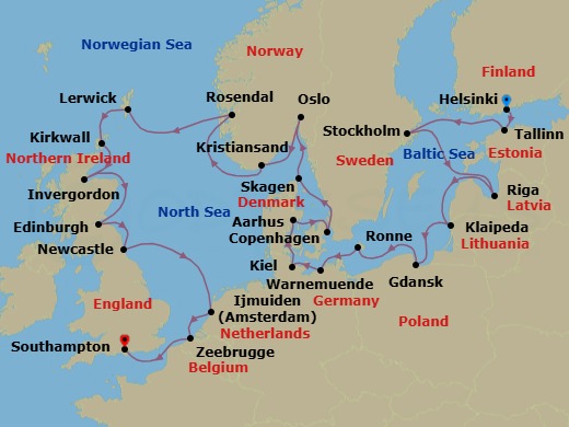 24 Night - Viking Homelands & Shores - Oceania Sonata - Starting in Helsinki, Tallinn, Stockholm, Riga, Klaipeda, Gdansk (Gdynia), Ronne (Bornholm), Berlin (Warnemunde), Kiel, Aarhus, Copenhagen, Skagen, Oslo, Kristiansand, Rosendal, Lerwick (Shetland Islands), Kirkwall (Orkney Islands), Invergordon, United Kingdom, Edinburgh (Newhaven), Newcastle UK, Ijmuiden, Bruges (Zeebrugge), London (Southampton) itinerary map