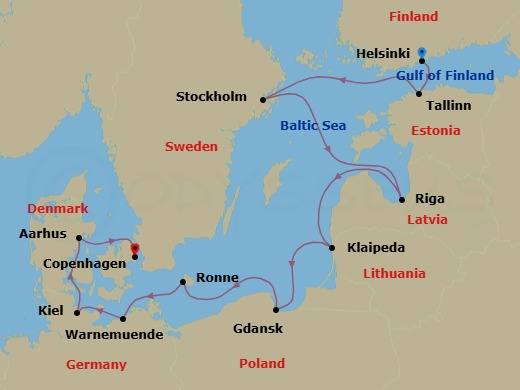 12 Night - Baltic & Nordic Capitals - Oceania Sonata - Starting in Helsinki, Tallinn, Stockholm, Riga, Klaipeda, Gdansk (Gdynia), Ronne (Bornholm), Berlin (Warnemunde), Kiel, Aarhus, Copenhagen itinerary map