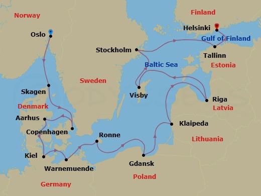 14 Night - Scandinavia & Baltic Gems - Oceania Sonata - Starting in Oslo, Skagen, Copenhagen, Aarhus, Kiel, Berlin (Warnemunde), Ronne (Bornholm), Gdansk (Gdynia), Klaipeda, Riga, Visby, Sweden, Stockholm, Tallinn, Helsinki itinerary map