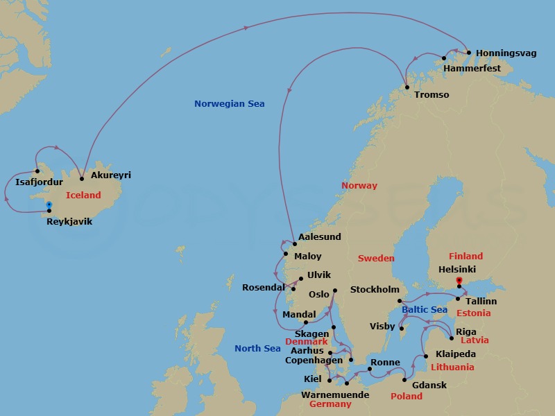 28 Night - Northern Lights & Legends - Oceania Sonata - Starting in Reykjavik, Isafjordur, Akureyri, North Cape (Honningsvag), Hammerfest, Tromso, Alesund, Maloy, Rosendal, Ulvik, Norway, Mandal, Oslo, Skagen, Copenhagen, Aarhus, Kiel, Berlin (Warnemunde), Ronne (Bornholm), Gdansk (Gdynia), Klaipeda, Riga, Visby, Sweden, Stockholm, Tallinn, Helsinki itinerary map