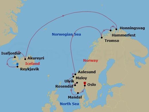14 Night - North Cape Discovery - Oceania Sonata - Starting in Reykjavik, Isafjordur, Akureyri, North Cape (Honningsvag), Hammerfest, Tromso, Alesund, Maloy, Rosendal, Ulvik, Norway, Mandal, Oslo itinerary map