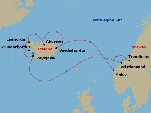 12 Night - Iceland & Norway Discovery - Oceania Sonata - Starting in Reykjavik, Grundarfjordur, Isafjordur, Akureyri, Seydisfjordur, Maloy, Trondheim, Kristiansund, Reykjavik itinerary map