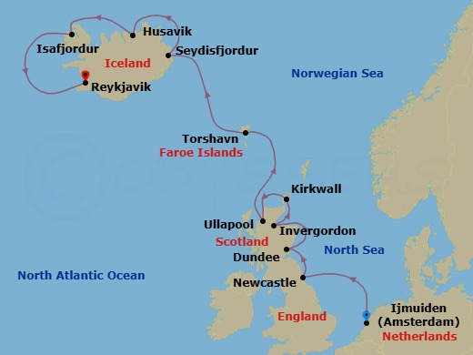 12 Night - Highland & Icelandic Vistas - Oceania Sonata - Starting in Ijmuiden, Newcastle UK, Dundee, Invergordon, United Kingdom, Kirkwall (Orkney Islands), Ullapool, Torshavn, Faroe Islands, Seydisfjordur, Husavik, Isafjordur, Reykjavik itinerary map