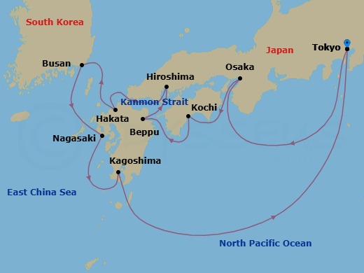 11 Night - Japan Coastal Loop - Oceania Riviera - Starting in Tokyo, Cruising the Pacific Ocean, Osaka, Kochi, Beppu, Hiroshima, Kanmon Straits, Fukuoka (Hakata), Busan, Nagasaki, Kagoshima, Cruising the Pacific Ocean, Tokyo itinerary map