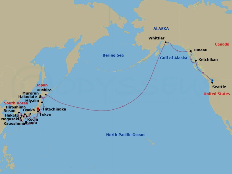 31 Night - Pacific Passage to Japan - Oceania Riviera - Starting in Seattle, Ketchikan, Juneau, Cruising Hubbard Glacier, Anchorage (Whittier), Intl Date Line East, Kushiro (Hokkaido), Hakodate (Hokkaido), Muroran (Hokkaido), Miyako, Hitachinaka, Tokyo, Cruising the Pacific Ocean, Osaka, Kochi, Beppu, Hiroshima, Kanmon Straits, Fukuoka (Hakata), Busan, Nagasaki, Kagoshima, Cruising the Pacific Ocean, Tokyo itinerary map