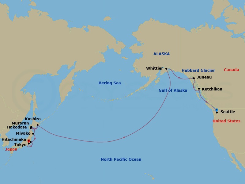 20 Night - Glaciers to Timeless Japan - Oceania Riviera - Starting in Seattle, Ketchikan, Juneau, Cruising Hubbard Glacier, Anchorage (Whittier), International Date Line East, Kushiro (Hokkaido), Hakodate (Hokkaido), Muroran (Hokkaido), Miyako, Hitachinaka, Tokyo itinerary map