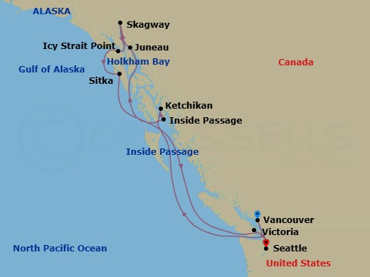 10 Night - Radiant Alaska - Oceania Riviera - Starting in Vancouver, Cruising the Inside Passage, Ketchikan, Holkham Bay Glacier Fjords, Juneau, Skagway, Icy Strait Point (Hoonah), Sitka, Victoria CA, Seattle itinerary map