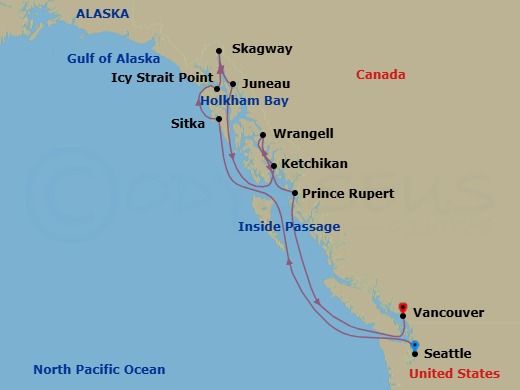12 Night - Glaciers & Inside Passage - Oceania Riviera - Starting in Seattle, Sitka, Icy Strait Point (Hoonah), Skagway, Juneau, Holkham Bay Glacier Fjords, Ketchikan, Wrangell, Prince Rupert, Cruising the Inside Passage, Vancouver itinerary map