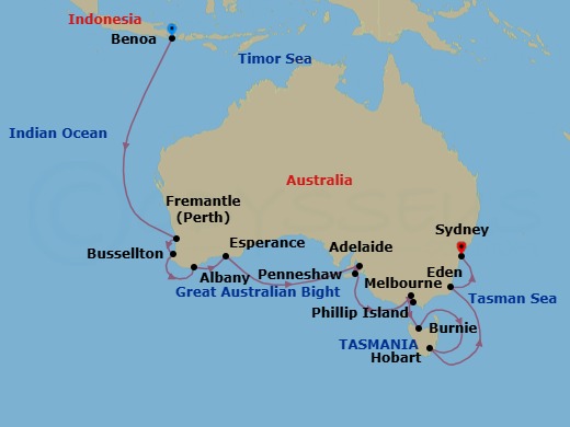 21 Night - Wonders of Australia - Oceania Marina - Starting in Bali (Benoa), Perth (Fremantle), Busselton, Albany AU, Esperance, Adelaide, Penneshaw (Kangaroo Island), Melbourne, Phillip Island (Cowes), Burnie (Tasmania), Hobart (Tasmania), Eden, Sydney AU itinerary map