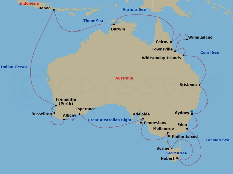 35 Night - Australias Golden Rim - Oceania Marina - Starting in Sydney AU, Brisbane, Whitsunday Island (Airlie Beach), Townsville, At Sea (Willis Island (Technical Call)), Cairns, Darwin, Bali (Benoa), Perth (Fremantle), Busselton, Albany AU, Esperance, Adelaide, Penneshaw (Kangaroo Island), Melbourne, Phillip Island (Cowes), Burnie (Tasmania), Hobart (Tasmania), Eden, Sydney AU itinerary map