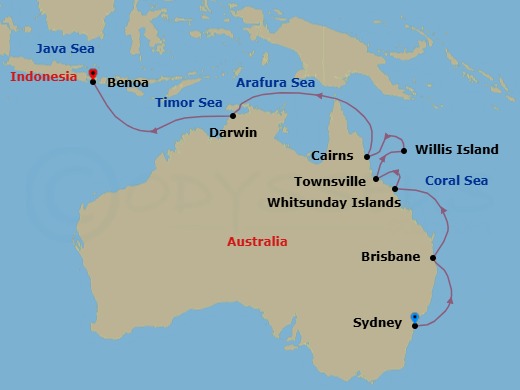 14 Night - Coral Coast to Java Sea - Oceania Marina - Starting in Sydney AU, Brisbane, Whitsunday Island (Airlie Beach), Townsville, At Sea (Willis Island (Technical Call)), Cairns, Darwin, Bali (Benoa) itinerary map