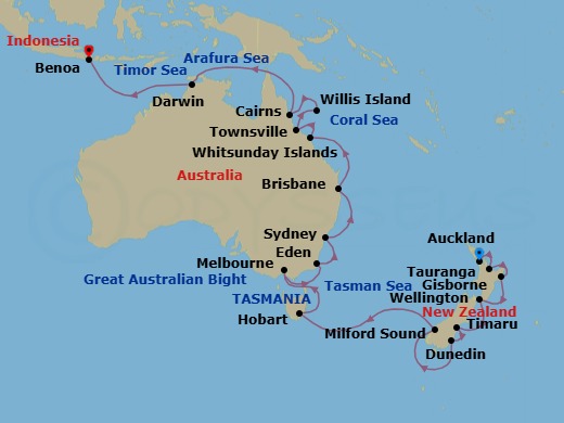 28 Night - Maori Peaks & Outback Plains - Oceania Marina - Starting in Auckland, Rotorua (Tauranga), Gisborne, Wellington, Timaru, Dunedin, Cruising the Fjords of Milford Sound, Hobart (Tasmania), Melbourne, Eden, Sydney AU, Brisbane, Whitsunday Island (Airlie Beach), Townsville, At Sea (Willis Island (Technical Call)), Cairns, Darwin, Bali (Benoa) itinerary map