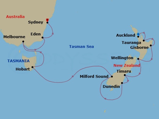 14 Night - Tasman Treasures & Fjords - Oceania Marina - Starting in Auckland, Rotorua (Tauranga), Gisborne, Wellington, Timaru, Dunedin, Cruising the Fjords of Milford Sound, Hobart (Tasmania), Melbourne, Eden, Sydney AU itinerary map