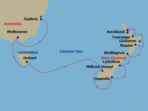 14 Night - Down Under Discovery - Oceania Marina - Starting in Sydney AU, Melbourne, Hobart (Tasmania), Cruising the Fjords of Milford Sound, Dunedin, Christchurch (Lyttelton), Wellington, Napier, Gisborne, Rotorua (Tauranga), Auckland itinerary map
