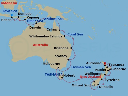 28 Night - Southern Cross Discovery - Oceania Marina - Starting in Bali (Benoa), Komodo, Kupang, West Timor, Darwin, Cairns, Whitsunday Island (Airlie Beach), Brisbane, Sydney AU, Melbourne, Hobart (Tasmania), Cruising the Fjords of Milford Sound, Dunedin, Christchurch (Lyttelton), Wellington, Napier, Gisborne, Rotorua (Tauranga), Auckland itinerary map