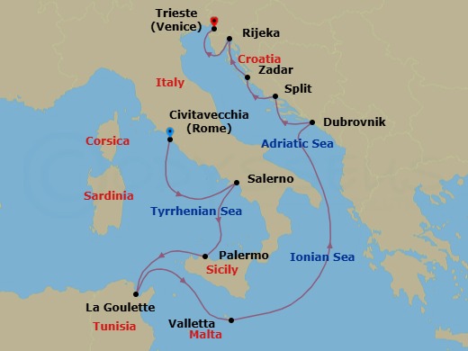 10 Night - Ancient Isles & Dalmatia - Oceania Allura - Starting in Rome (Civitavecchia), Salerno, Palermo (Sicily), Tunis (La Goulette), Valletta, Dubrovnik, Croatia, Split, Zadar, Rijeka, Trieste itinerary map