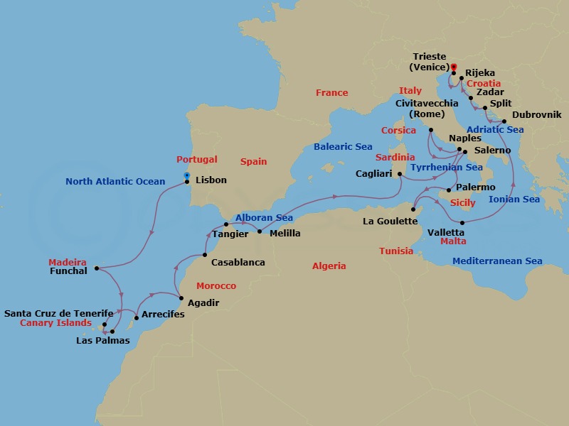 24 Night - Atlantic Sun & Latin Shores - Oceania Allura - Starting in Lisbon, Funchal (Madeira), Las Palmas De Gran Canaria, Santa Cruz de Tenerife, Arrecife (Lanzarote), Agadir, Casablanca, Tangier, Melilla, Cagliari (Sardinia), Naples / Pompeii, Rome (Civitavecchia), Salerno, Palermo (Sicily), Tunis (La Goulette), Valletta, Dubrovnik, Croatia, Split, Zadar, Rijeka, Trieste itinerary map