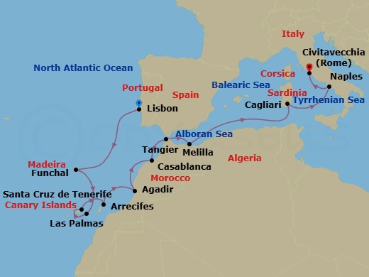 14 Night - Atlantic Isles to Italy - Oceania Allura - Starting in Lisbon, Funchal (Madeira), Las Palmas De Gran Canaria, Santa Cruz de Tenerife, Arrecife (Lanzarote), Agadir, Casablanca, Tangier, Melilla, Cagliari (Sardinia), Naples / Pompeii, Rome (Civitavecchia) itinerary map