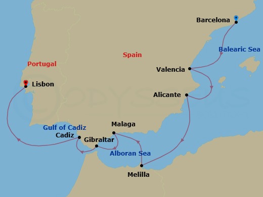 9 Night - Spanish Shores - Oceania Allura - Starting in Barcelona, Valencia, Alicante, Melilla, Malaga, Gibraltar, Seville (Cadiz), Cruising the Atlantic Ocean, Lisbon itinerary map