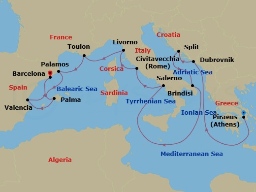 14 Night - Mediterranean Symphony - Oceania Allura - Starting in Athens (Piraeus), Dubrovnik, Croatia, Split, Brindisi, Salerno, Rome (Civitavecchia), Florence / Pisa / Tuscany (Livorno), Toulon, Palamos, Palma De Mallorca, Valencia, Barcelona itinerary map
