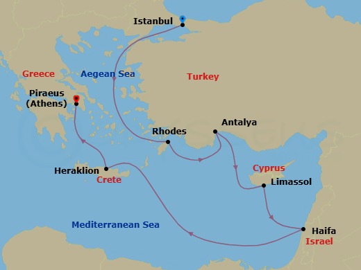 9 Night - Aegean & Holy Land - Oceania Allura - Starting in Istanbul, Rhodes, Antalya, Limassol, Jerusalem (Haifa), Heraklion (Crete), Athens (Piraeus) itinerary map