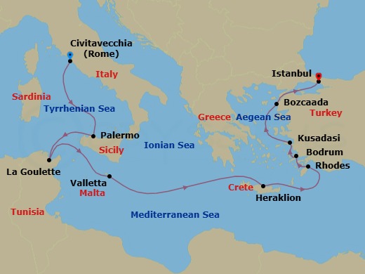 10 Night - Carthage to Constantinople - Oceania Allura - Starting in Rome (Civitavecchia), Palermo (Sicily), Tunis (La Goulette), Valletta, Heraklion (Crete), Rhodes, Bodrum, Ephesus (Kusadasi), Bozcaada (Troy), Istanbul itinerary map
