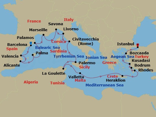 19 Night - Spain to the Sultan's Coast - Oceania Allura - Starting in Barcelona, Valencia, Alicante, Palma De Mallorca, Palamos, Provence (Marseille), Savona, Florence / Pisa / Tuscany (Livorno), Rome (Civitavecchia), Palermo (Sicily), Tunis (La Goulette), Valletta, Heraklion (Crete), Rhodes, Bodrum, Ephesus (Kusadasi), Bozcaada (Troy), Istanbul itinerary map