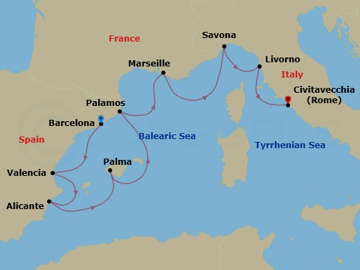 9 Night - Western Mediterranean Quest - Oceania Allura - Starting in Barcelona, Valencia, Alicante, Palma De Mallorca, Palamos, Provence (Marseille), Savona, Florence / Pisa / Tuscany (Livorno), Rome (Civitavecchia) itinerary map