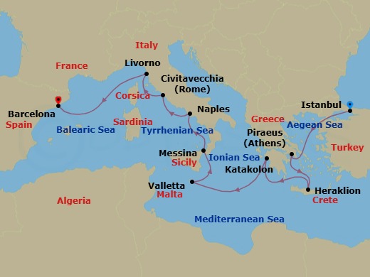 12 Night - Mediterranean Grandeur - Oceania Allura - Starting in Istanbul, Athens (Piraeus), Heraklion (Crete), Katakolon, Valletta, Messina (Sicily), Naples / Pompeii, Rome (Civitavecchia), Florence / Pisa / Tuscany (Livorno), Barcelona itinerary map