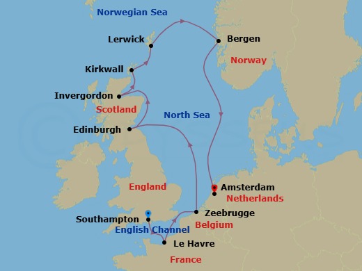 10 Night - Northern Coasts & Capitals - Oceania Vista - Starting in London (Southampton), Paris (Le Havre), Bruges (Zeebrugge), Edinburgh (Newhaven), Invergordon, United Kingdom, Kirkwall (Orkney Islands), Lerwick (Shetland Islands), Bergen, Amsterdam itinerary map