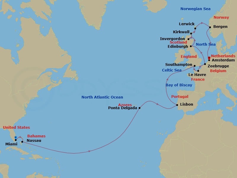 24 Night - Atlantic & Highland Jewels - Oceania Vista - Starting in Miami, Nassau, Ponta Delgada (Azores), Lisbon, London (Southampton), Paris (Le Havre), Bruges (Zeebrugge), Edinburgh (Newhaven), Invergordon, United Kingdom, Kirkwall (Orkney Islands), Lerwick (Shetland Islands), Bergen, Amsterdam itinerary map