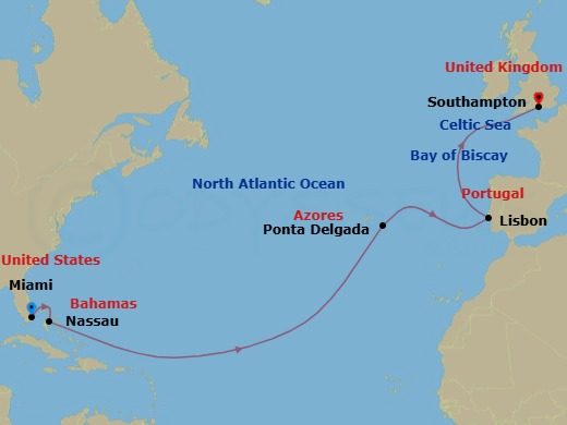14 Night - Springtime Sea Serenade - Oceania Vista - Starting in Miami, Nassau, Ponta Delgada (Azores), Lisbon, London (Southampton) itinerary map