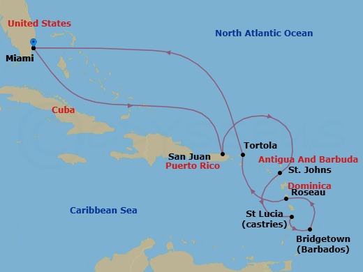 11 Night - Caribbean Impressions - Oceania Vista - Starting in Miami, San Juan, St Johns, Castries, Bridgetown, Roseau, Tortola, Miami itinerary map