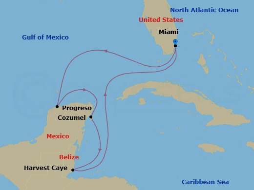7 Night - Maya Magic & Island Sun - Oceania Vista - Starting in Miami, Progreso, Cozumel, Mexico, Harvest Caye, Miami itinerary map