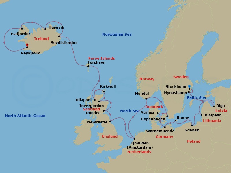 23 Night - Isles of the Midnight Sun - Oceania Sonata - Starting in Stockholm, Stockholm (Nynashamn), Riga, Klaipeda, Gdansk (Gdynia), Ronne (Bornholm), Berlin (Warnemunde), Aarhus, Copenhagen, Mandal, Ijmuiden, Newcastle UK, Dundee, Invergordon, United Kingdom, Kirkwall (Orkney Islands), Ullapool, Torshavn, Faroe Islands, Seydisfjordur, Husavik, Isafjordur, Reykjavik itinerary map